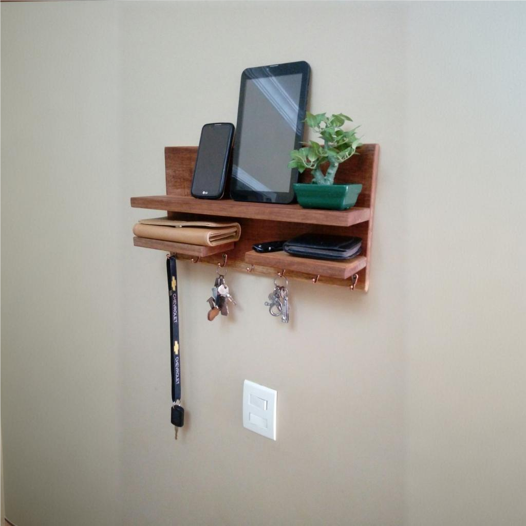 Double Shelf Wooden Organizer with Key Hooks
