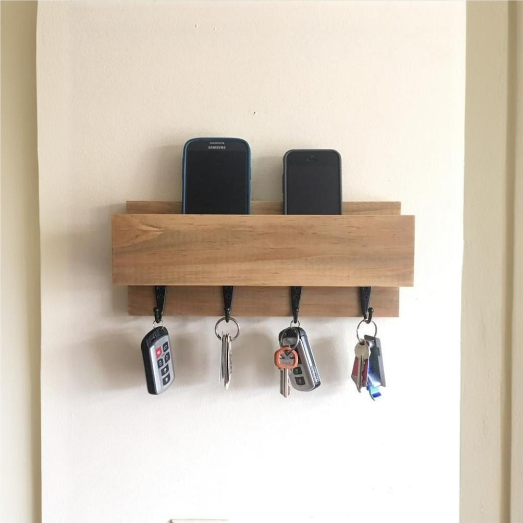Wooden Key Holder with Phone Shelf
